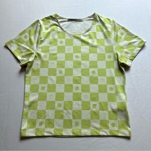 THEOPEN PRODUCT green check dot‎ print boxy cropped crew neck tshirt